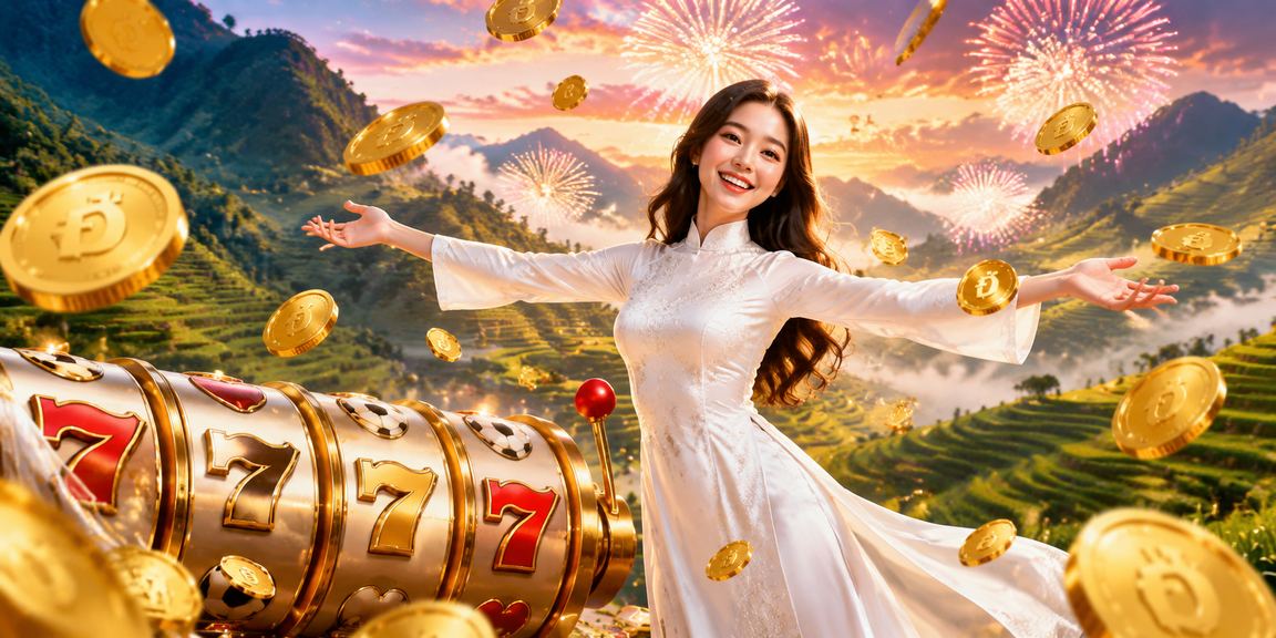 Người phụ nữ mặc áo dài chơi slot game trên điện thoại tại Sa Pa với khung cảnh núi rừng mờ ảo phía sau